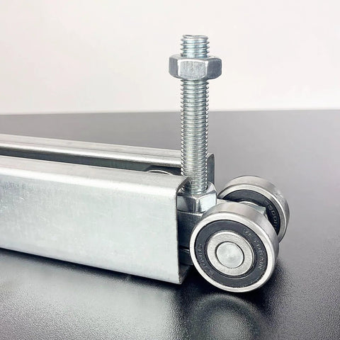 Four Wheel Trolley Assembly With Silent Rolling, M10 Bolt, Fits 1-5/8 Inch Wide Strut Channel, Close-up View