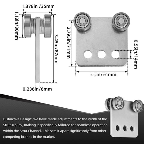 Diagram of 2Pcs 4 Wheel Trolley Assembly Rollers Four Bearing Trolley Assembly with measurements for 1-5/8" wide or taller strut channel.