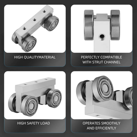4 Wheel Trolley Assembly M5 Thread Rollers Four Bearing Trolley Assembly for 1-5/8" Wide and All 1-5/8" or Taller Strut Channel