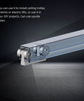 Side view of 4 Wheel Trolley Assembly M5 Thread Rollers Four Bearing Trolley on strut channel for automation systems
