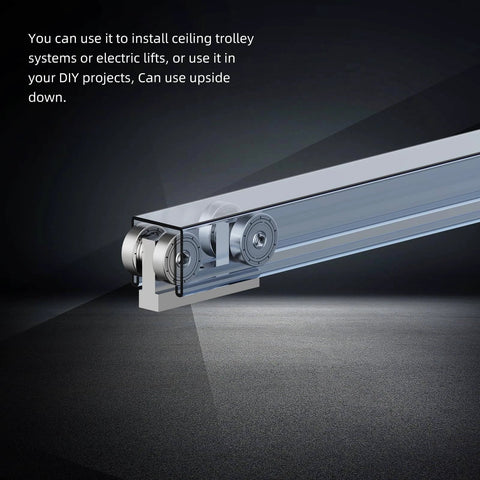 Side view of 4 Wheel Trolley Assembly M5 Thread Rollers Four Bearing Trolley on strut channel for automation systems