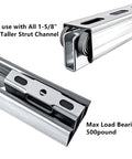 Close-up of 4 Wheel Trolley Assembly Rollers, compatible with 1-5/8" strut channels, showing silver construction and max load of 500 pounds.