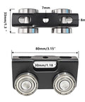 Front and side view of black 4 Wheel Trolley Assembly Rollers, Upgraded Load & Stable Roller Trolley for Electric Hoist, with measurement details.