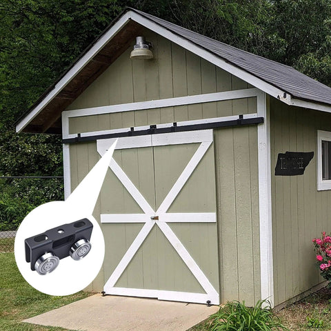 Shed with door track system highlighting 4 Wheel Trolley Assembly Rollers, Upgraded Load & Stable Roller Trolley for Electric Hoist.