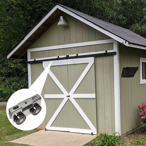 4 Wheel Trolley Assembly Rollers installed on shed, highlighting silent roller trolley compatible with 1-5/8" wide strut channel.