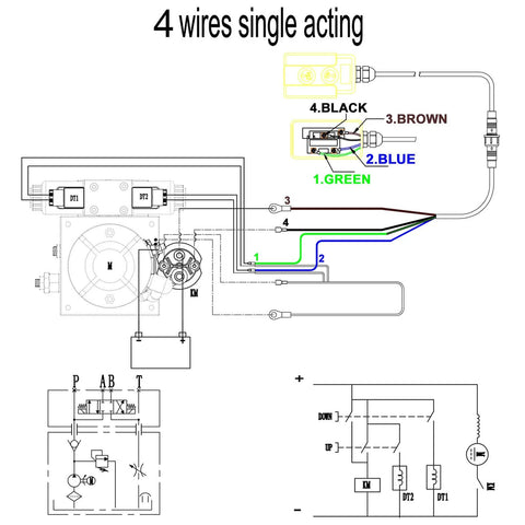 Diagram of 4 Wire Dump Trailer Remote Control Switch For 12V DC Hydraulic Pump Power Unit, showing wire connections.