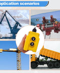 4 Wire Dump Trailer Remote Control Switch 12V DC Up Down Momentary Push Button For Double Acting Hydraulic Pump Lift Winch Dump Bed G018 4W Weatherproof ABS Shell Dustproof Quick Hookup shown with crane and dump truck