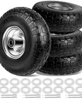 4.10/3.50-4 Flat Free 10 Inch Solid Tires and Wheels Replacement with 5/8 Inch Axle Bore, includes spacers and pins.