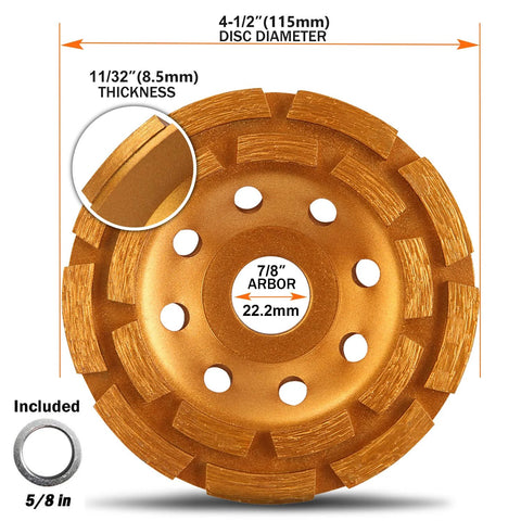 4.5 inch diamond concrete grinding wheel with double row segments, 115mm diameter, ideal for grinding concrete and stone surfaces
