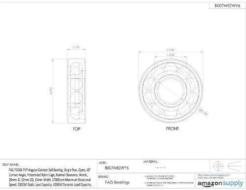 Technical drawing of 40 Degree Angular Contact Ball Bearing with a 20mm Bore and 52x15mm Outer Size Nylon Cage and 17000 RPM Capability.