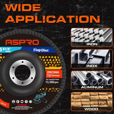40 Grit Zirconia Flap Discs 4.5 Inch T27 For Angle Grinder 12 Pack Metal Wood with application examples on various materials