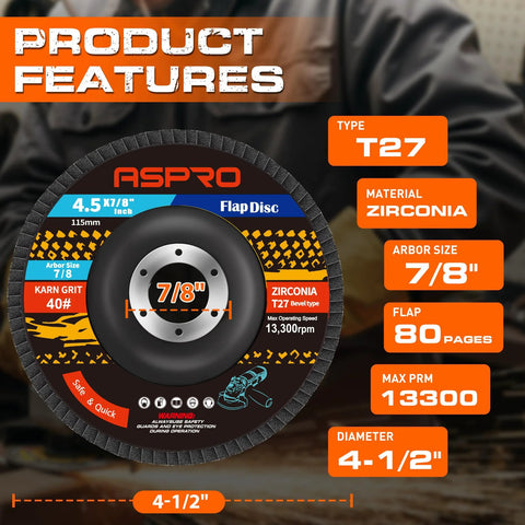40 Grit Zirconia Flap Discs 4.5 Inch T27 For Angle Grinder 12 Pack Metal Wood with Type 27, 7/8 inch arbor size and features