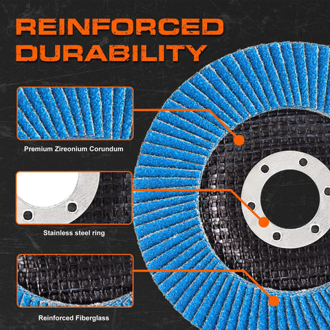 Close-up of 40 Grit Zirconia Flap Discs 4.5 Inch T27 for angle grinder, showing premium corundum, steel ring, fiberglass