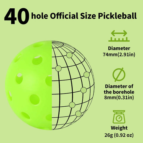 40-hole official size pickleball with dimensions and weight