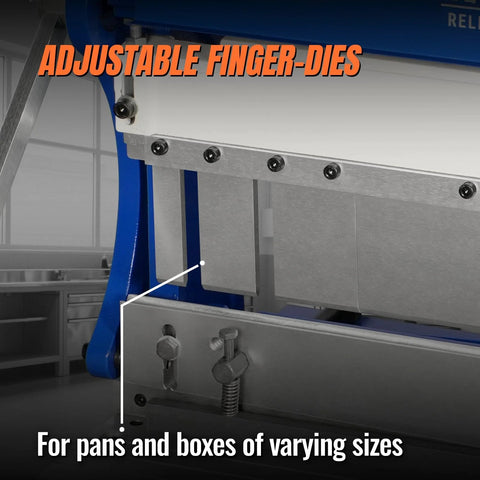 Close-up of adjustable finger-dies on 40 Inch Three In One Pan And Box Brake With Slip Roll Shear And Bending Functions For Sheet Metal 20 Gauge.
