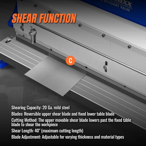 Shear function of 40 Inch Three In One Pan And Box Brake With Slip Roll Shear And Bending Functions For Sheet Metal 20 Gauge Mild Steel