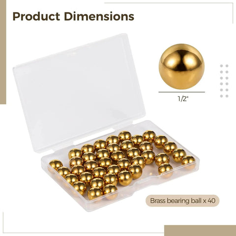 40 Piece Brass Bearing Balls Set Half Inch Diameter With Polished Surface Corrosion Resistant Includes Clear Storage Box