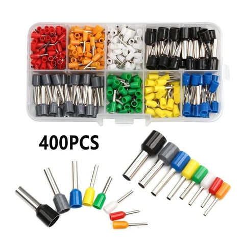 400 Piece Boxed Crimp Terminals Kit For Electrical Wiring With Color Coded Insulated Ferrule Connectors In Eight Sizes visible