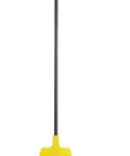 Front view: economy angled broom with a 10-inch yellow head and natural bristles on a 48-inch black handle.