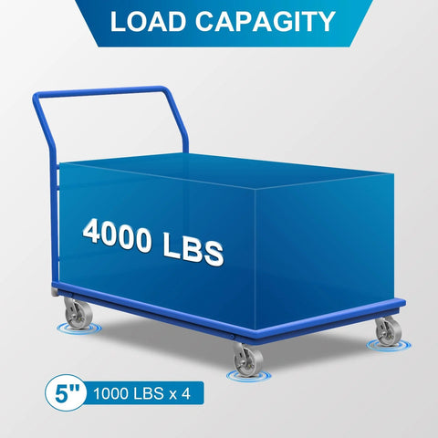Industrial 5 By 2 Inch Heavy Duty Casters Set Of 4 With Cast Iron Hubs And Steel Wheels Up To 4000 Lb Capacity shown on platform truck