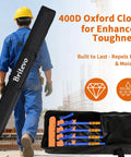 Construction worker carrying 2PK Adjustable Telescopic Support Pole in Oxford cloth case on site.