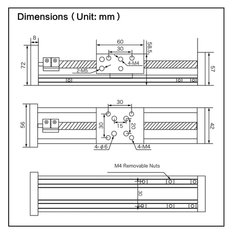 Technical drawing of 400mm / 15.75" Linear Stage Actuator with Square Linear Slide Rail and 1605 Ballscrew details
