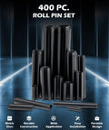 400 Piece Roll Pin Set With Slotted Spring Pins M1.5 Through M6 Steel Hollow Expansion Pins displayed upright on a reflective surface