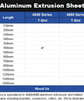 Chart showing aluminum extrusion sheet sizes for 4040 and 4080 series with a check mark at 400mm for 4040 T-Slot series by SeekLiny.
