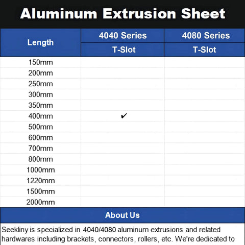 Chart showing aluminum extrusion sheet sizes for 4040 and 4080 series with a check mark at 400mm for 4040 T-Slot series by SeekLiny.