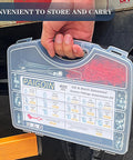 All In One Grease Fittings Kit With 405 Pcs in carrying case, shown being easily transported, includes various SAE and metric zerk fittings.
