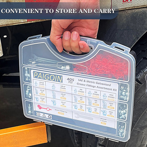 All In One Grease Fittings Kit With 405 Pcs in carrying case, shown being easily transported, includes various SAE and metric zerk fittings.