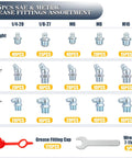 Image detailing All In One Grease Fittings Kit With 405 Pcs SAE And Metric Zerk Fittings Including NPT One Quarter Inch And One Eighth Inch.