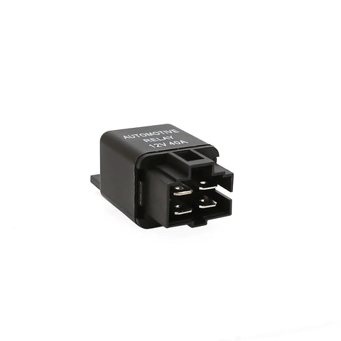 40 Amp SPST Automotive Relay For Fog Lights And Wiring Harness 12V High Current Replacement Part With Easy Install Compact 3 By 2.5 By 2.2 Cm Model YL 388 S The Go To Auto Electrical Upgrade in black housing, angled view.