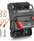 40 Amp DC Circuit Breaker With Manual Reset And Inline Fuse Holder For Inverter And Automotive Or Marine Use, Protects 12V To 48V Systems, Includes Wire Lugs Copper Washers And Screws, Great For Trolling Motors, Audio, Radio And Solar Setups, visible with reset lever and waterproof label.