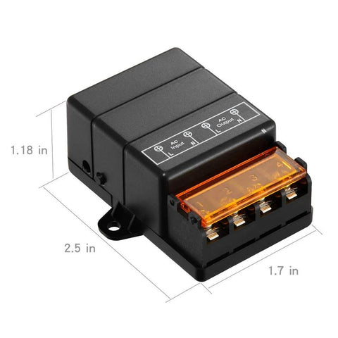Beefy 40A Wireless Remote Switch for home appliances, black rectangular unit with terminal block, dimensions displayed.
