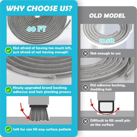 Comparison of 40FT Weather Stripping Door Seal Window Seal with old model showing improved adhesive and brush design