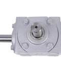 Top view of silver 40 HP Right Angle Bevel Gearbox With 2 Keyed Shafts CW And CW 1 To 1 1800 RPM