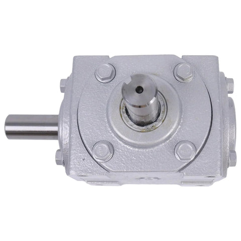 Top view of silver 40 HP Right Angle Bevel Gearbox With 2 Keyed Shafts CW And CW 1 To 1 1800 RPM