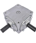 Beefy 40 HP Right Angle Bevel Gearbox With 2 Keyed Shafts 1 To 1 Cast Iron, front view showing 1-inch shafts and durable cast iron housing.