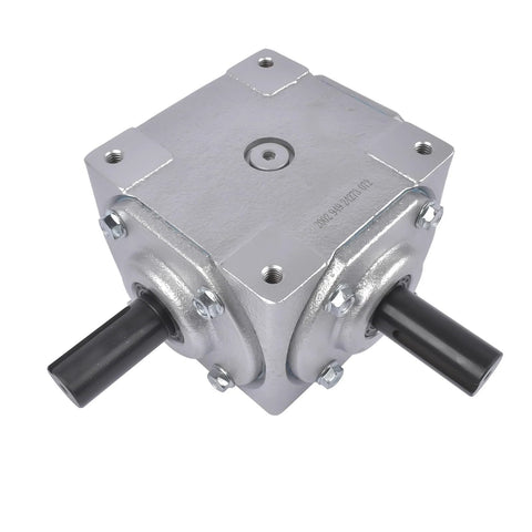 Beefy 40 HP Right Angle Bevel Gearbox With 2 Keyed Shafts 1 To 1 Cast Iron, front view showing 1-inch shafts and durable cast iron housing.