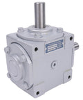 Front view of 40 HP Right Angle Bevel Gearbox With 2 Keyed Shafts CW And CW 1 To 1 1800 RPM, showing shafts and metal housing.