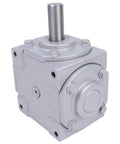 40 HP Right Angle Bevel Gearbox With 2 Keyed Shafts CW And CW 1 To 1 1800 RPM, visible front view, metal casing, vertical shaft