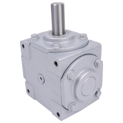 40 HP Right Angle Bevel Gearbox With 2 Keyed Shafts CW And CW 1 To 1 1800 RPM, visible front view, metal casing, vertical shaft