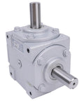 Front view of 40 HP Right Angle Bevel Gearbox With 2 Keyed Shafts CW And CW 1 To 1 1800 RPM in silver casing.