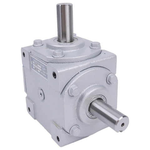 Front view of 40 HP Right Angle Bevel Gearbox With 2 Keyed Shafts CW And CW 1 To 1 1800 RPM in silver casing.