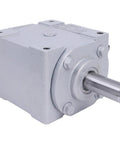 Front view of 40 HP Right Angle Bevel Gearbox With 2 Keyed Shafts CW And CW 1 To 1 1800 RPM, metal casing, showing one shaft.
