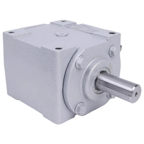 Front view of 40 HP Right Angle Bevel Gearbox With 2 Keyed Shafts CW And CW 1 To 1 1800 RPM, metal casing, showing one shaft.