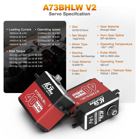 40KG Waterproof RC-Steering-Servo High-Torque - Full Metal Gear Brushless Digital Servo for 1/10 RC Car, Control Angle 180° (A73BHLW V2) close-up view with specs