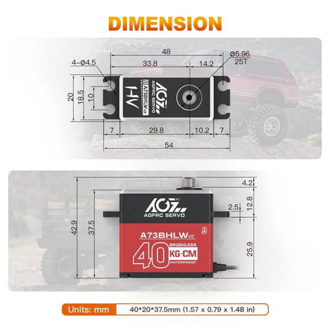 Dimensions of the A73BHLW V2 40KG Waterproof RC-Steering-Servo High-Torque - Full Metal Gear Brushless Digital Servo for 1/10 RC Car.