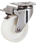 40mm Caster Wheel - Plate w/ Brake Stainless Steel Nylon with precision ball bearing and durable nylon tire.